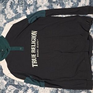 True Religion Men's Black and Teal Long Sleeve Shirt